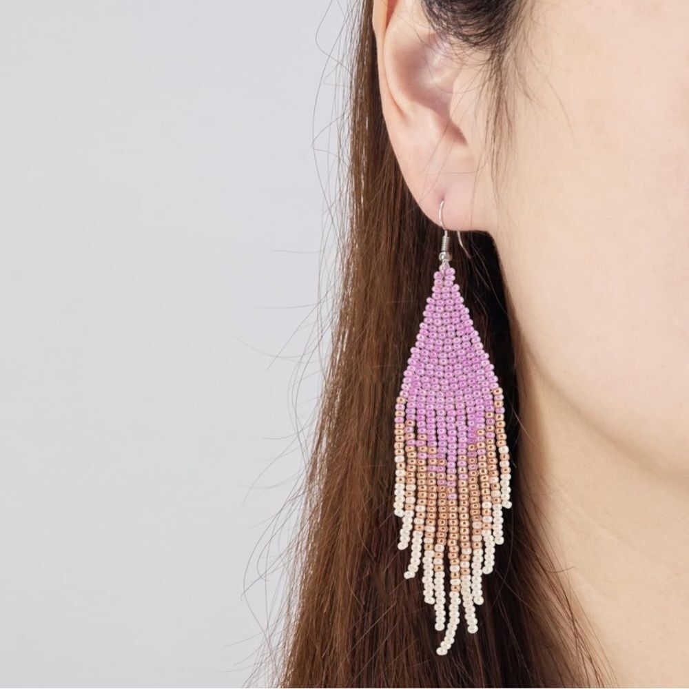 Purple Bohemian Seed Bead Tassel Dangling Statement French Wire Hook Earrings - Picture 4 of 6